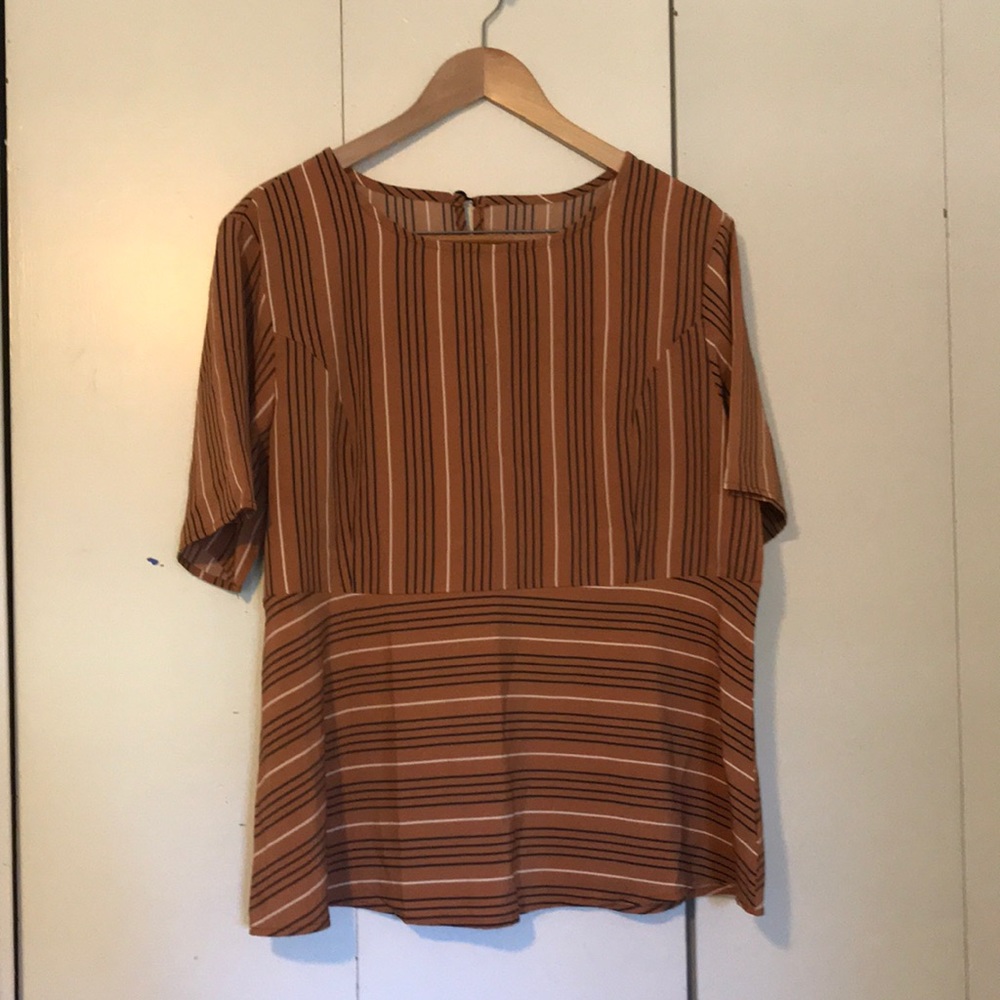 Tan and Navy Striped Blouse